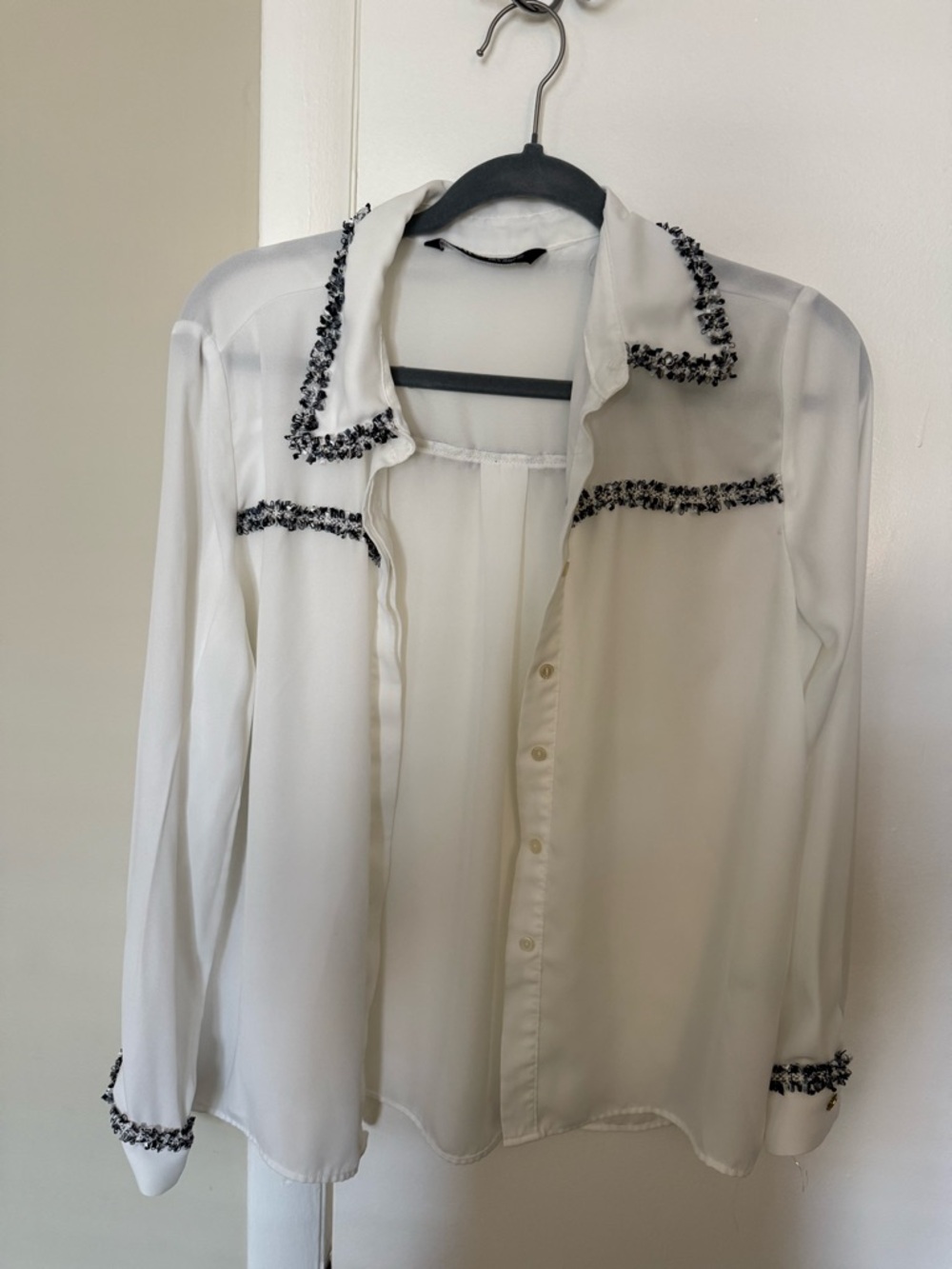 Zara White Button-Down Blouse with Black Trim